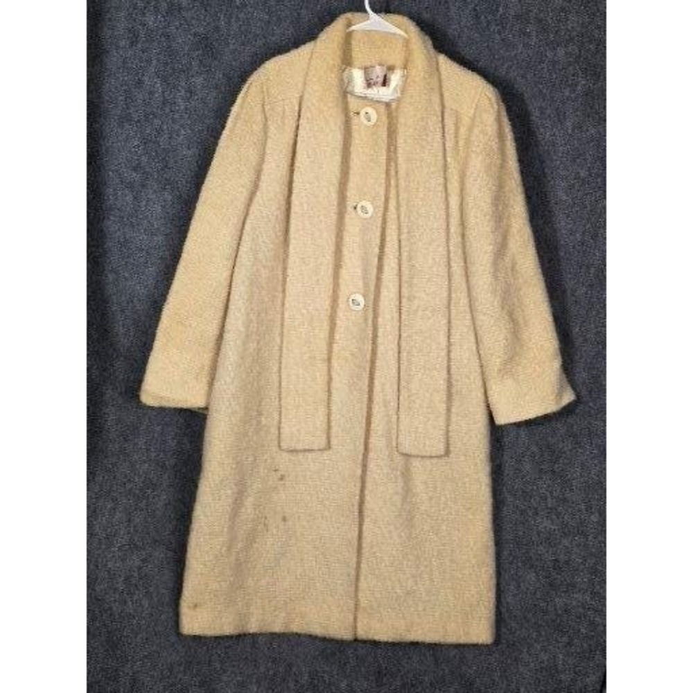 Vintage 60s Pauline Trigere Cream Wool Mohair Scarf Coat Jacket Womens M L